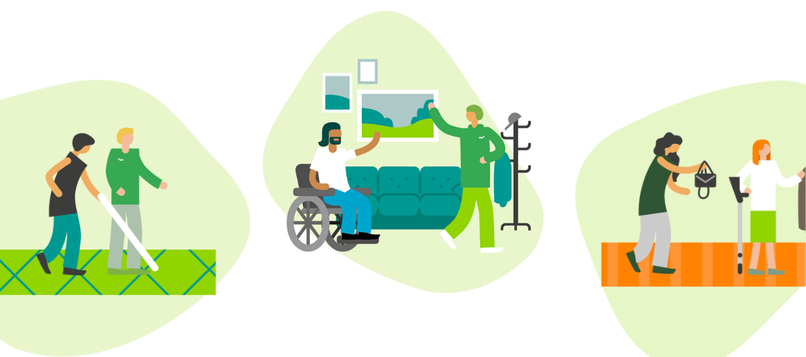 Ohjaaja kävelee sokean rinnalla. Pyörätuolissa istuva asiakas heiluttaa ohjaajalle. Ohjaaja ojentaa asiakkaalle laukun.