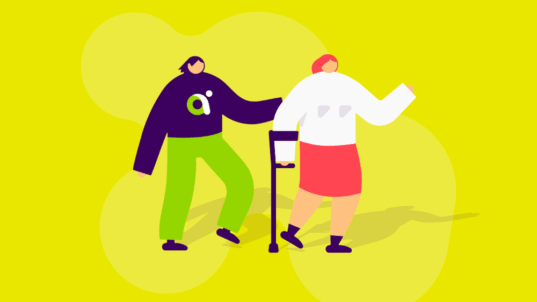 Kaksi piirrettyä hahmoa, joista toinen käyttää kävelysauvaa.