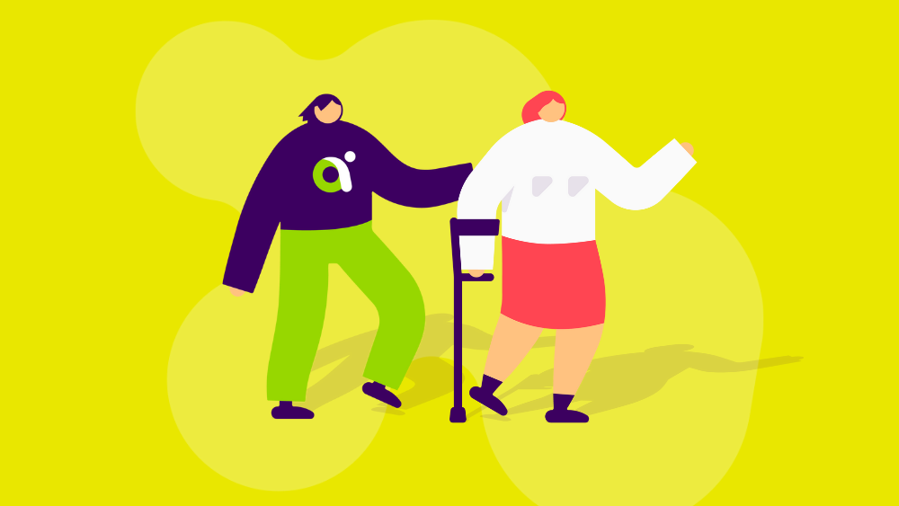 Kaksi piirrettyä hahmoa, joista toinen käyttää kävelysauvaa.