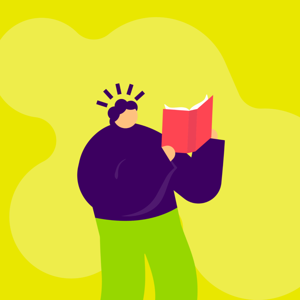 Kuvitushahmo lukee kirjaa.