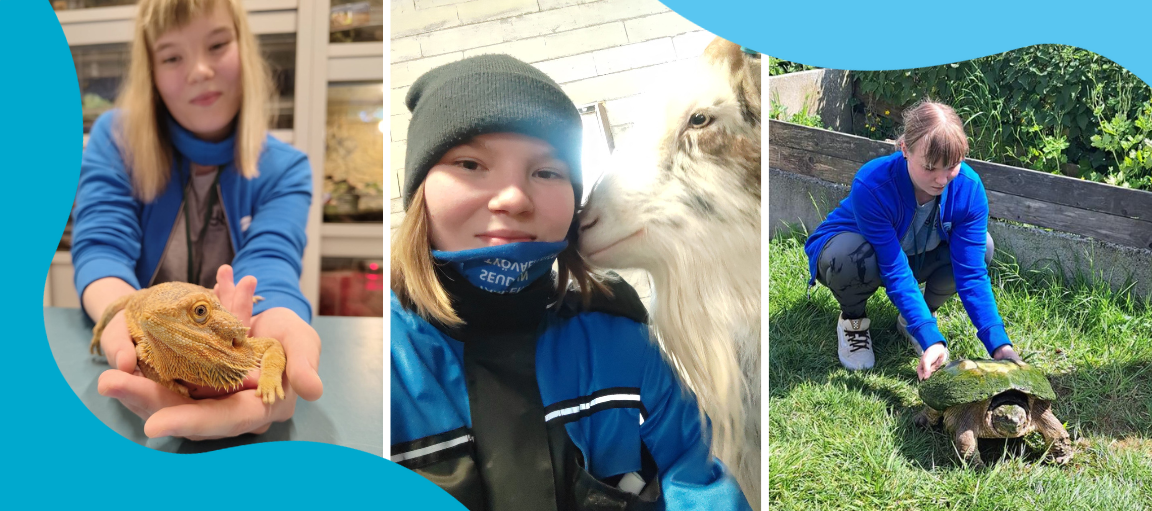 Ramona erilaisten eläinten parissa.