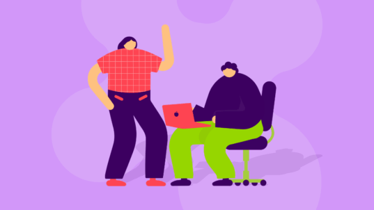 Kaksi hahmoa, joista toinen moikkaa ja toinen on tietokoneella.