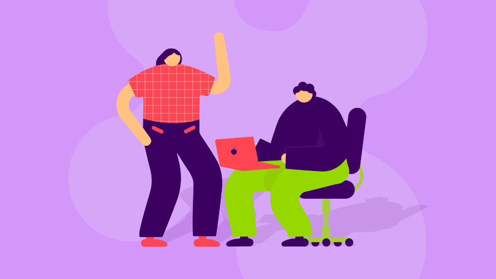 Kaksi hahmoa, joista toinen moikkaa ja toinen on tietokoneella.