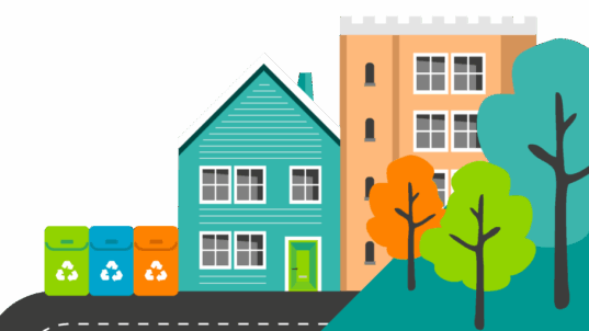 Erivärisiä piirrettyjä taloja rinteessä.