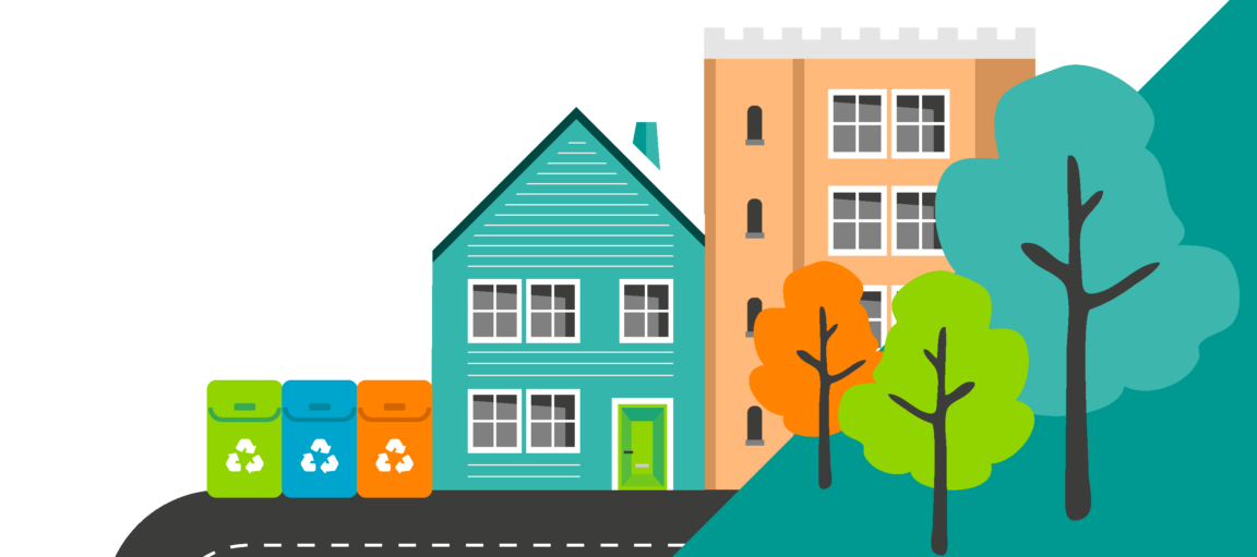 Erivärisiä piirrettyjä taloja rinteessä.