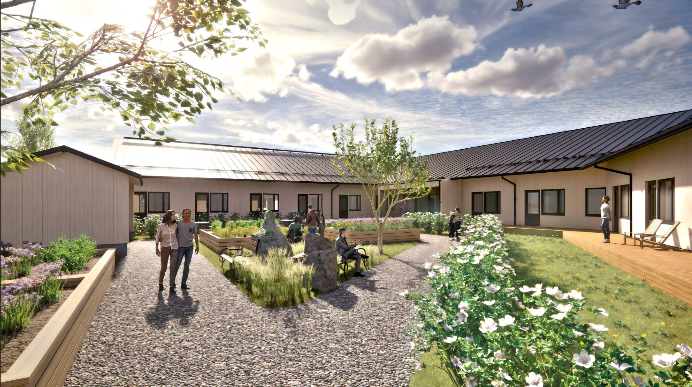 Ikäihmisten asumisyksikön visualisointi pihalta, jossa näkee rakennukset ja puutarhan.